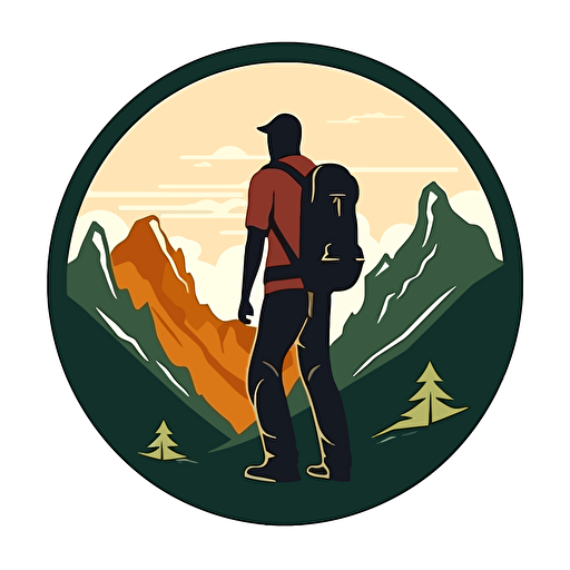 logo with a J and A, flat colors, man with a backpack, mountains, vector