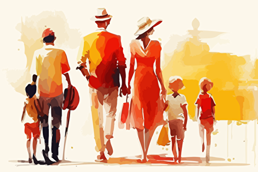 65years old family and 25 years old children on vacation vector illustration, in the style of minimalistic brushstrokes, willem haenraets, dora carrington, #myportfolio, minimalistic figurative, light yellow and light crimson, travel