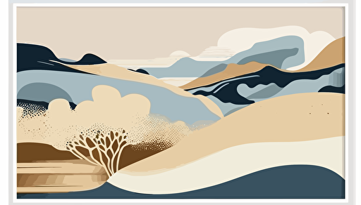 dusty blue and beige abstract landscape art, Minimalist, vector, contour