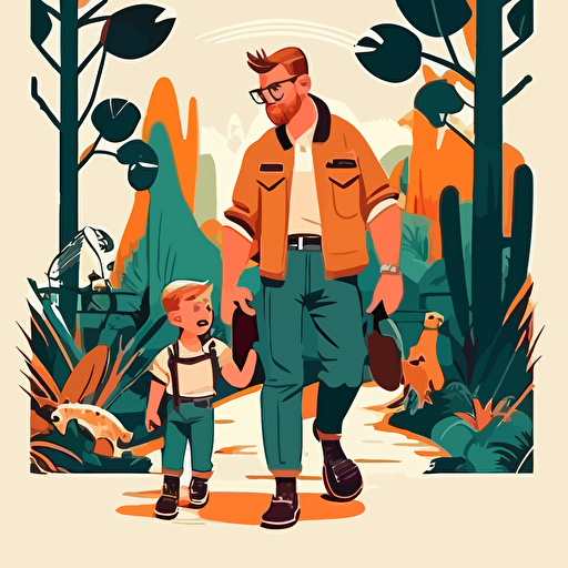 little boy visiting zoo with his father, modern clothes, children's book cover, 2d, cartoon style, vector, disney style