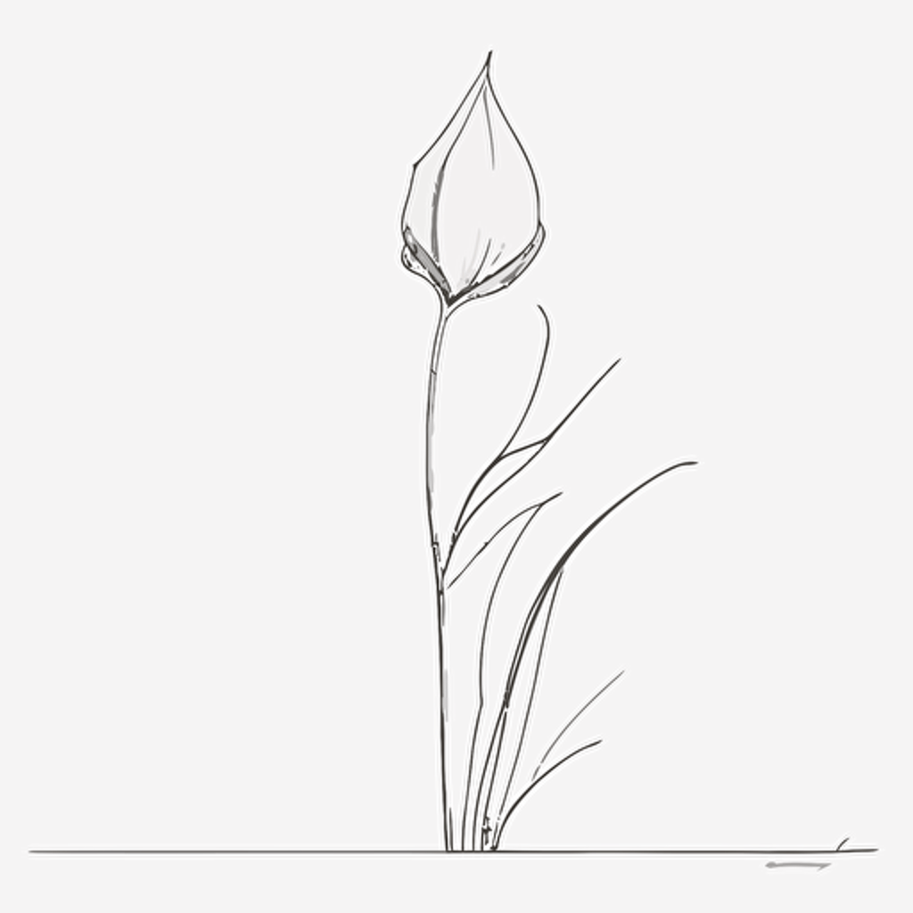 one single line of a flower bud extreme minimalism, line travel from top to bottom of page, vector white background