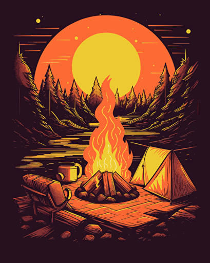campfire, retro aesthetics, vector image, sticker design, pantone color scheme: 12-1706 TCX, 12-0824 TCX, 15-0146 TCX, 15-1164 TCX, 16-6340 TCX, 17-4247 TCX, 18-2043 TCX, 19-6026 TCX. The final piece should exude a warm, holiday-like ambiance.