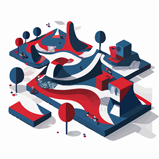 2d flat vector of a skatepark in Tokio, white background, dark blue and red colors