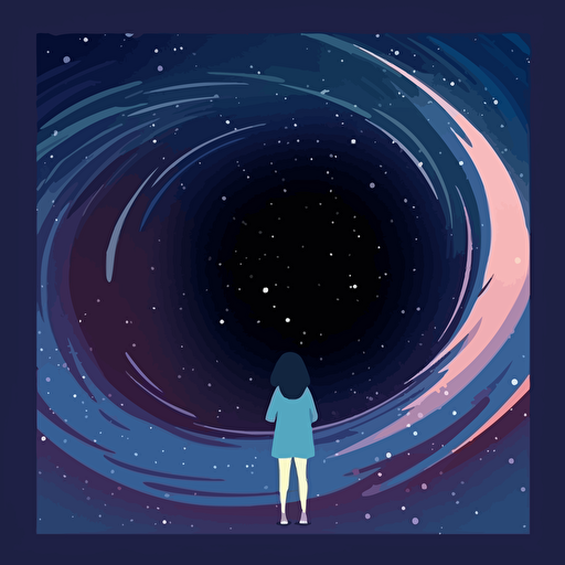 a young girl looking at a black hole in outer space. Vector illustration.