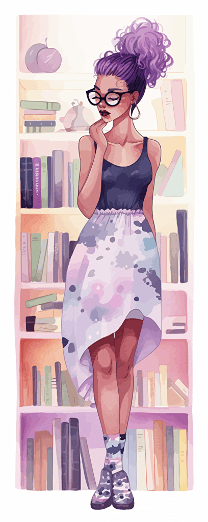 watercolor vector art, pastel colors, abstract, pretty skinny short black teen in playful stylish dress reads next to bookshelf, purple hair, glasses, pink clothes, highly detailed, joyful, beautiful, white empty background ,