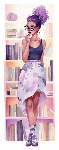watercolor vector art, pastel colors, abstract, pretty skinny short black teen in playful stylish dress reads next to bookshelf, purple hair, glasses, pink clothes, highly detailed, joyful, beautiful, white empty background ,