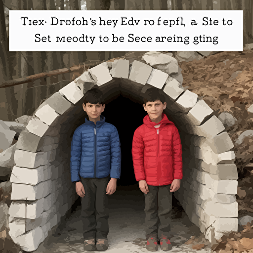 Create a book cover page of two young brothers 10 and 8 years old developing new technologies, esigned a series of reinforced tunnels beneath the village, tunnels were built with sturdy materials and insulated to withstand the cold, developed a system for preserving food, designed a new type of fireplace that ess wood and produced more heat, knowledge of engineering and construction to build sturdy shelters for their neighbors snow community, a snow in a street at mid of a day and supporting their neighbors, cleaning huge pile of snow on front door, early in the morining, old two couples asking for help in the background dressed big jackets, blue hats, orange scap using vector illustration, super resolution, ultra detailed, 10k