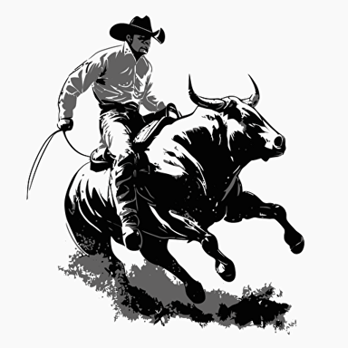 simple vector illistation of bull rider on a bull black and white