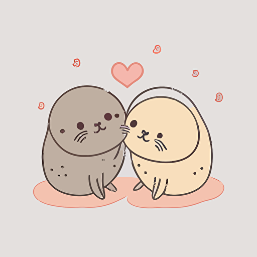 superflat kawaii cute anime vector illustration of two seal in love, kawaii, white background, extremely few outline stroke, simple illustration, 2d