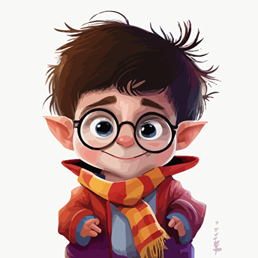 A saturated colorfull baby fur harry potter, goofy looking, smiling, white background, vector art , pixar style