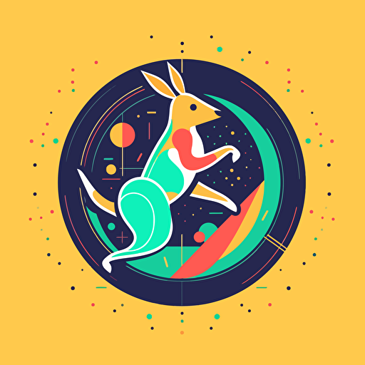 Kangaroo, Jumping on a Trampoline, Playful, Geometric Shapes, Bright Colors, Comic vector illustration style, flat design, minimalist logo, minimalist icon, flat icon, adobe illustrator, cute, Simple