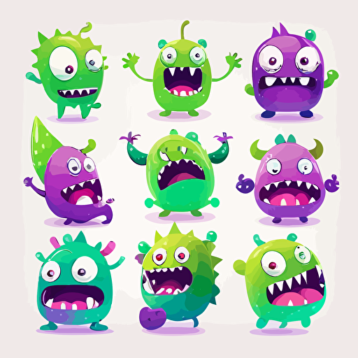 Cute green and purple monster, vector style, multiple poses and expressions, white background