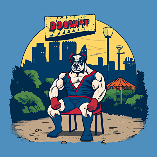 a human boxer dog mascot in street clothes, sitting in a chair facing front in the middle of the scene, in a vacant area, in the woods, large hill/mound in background, abandoned, large broken signage, shrubs, trees, bushes, roses, with a city landscape in the background, broken carnival rides, a demon spirit looking over the broken signage, vector logo, vector art, cartoon