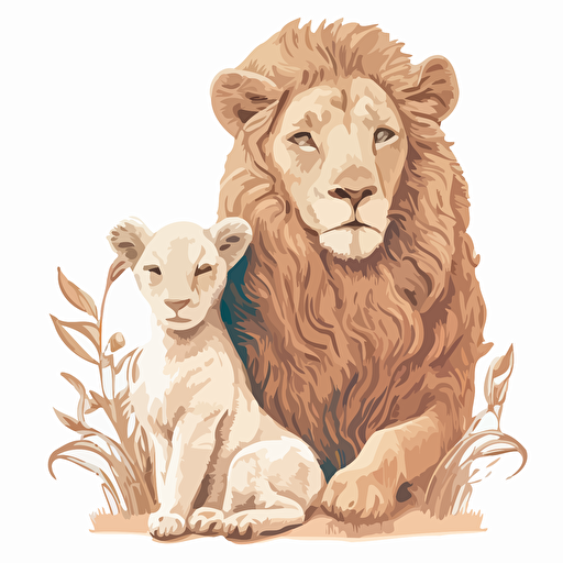 Create a drawing of a detail lion and lamb Flat vector art white background cut out