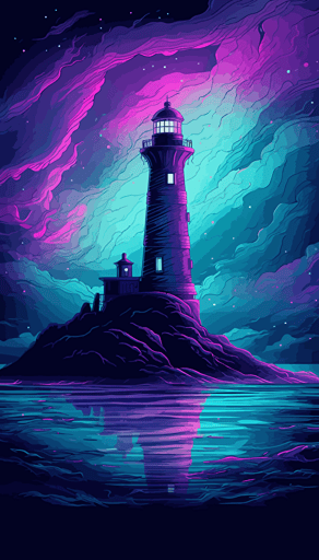 digital art of lighthouse with foghorn in fog in synthwave style, bioluminescence glow in the dark, vector, cosmic background