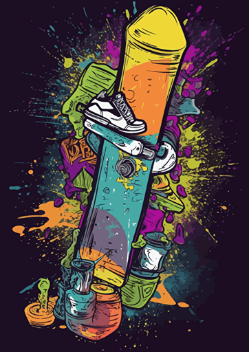 poster, a skateboard, A glass of cocktail , glide fast, drunk, cartoon, graffiti, vector, illustration