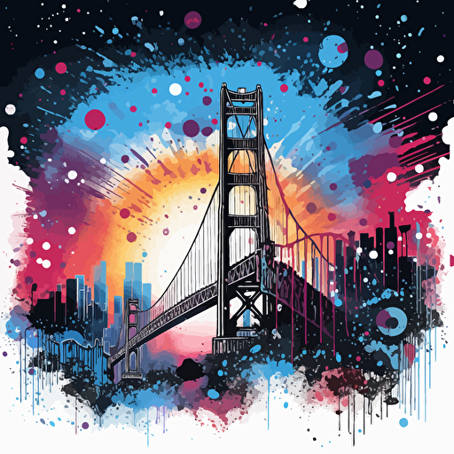 colorful vector art, fun, san francisco with galaxy in the background, inside a splatter of paint