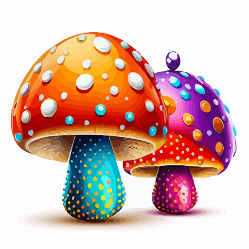two illustrated mushroom, fantastical, magical, vector art, vivid colours, isolated white background