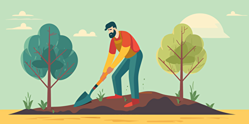 Gardener planting trees. 2D, vector illustration, bright colors. Drawing using AI.