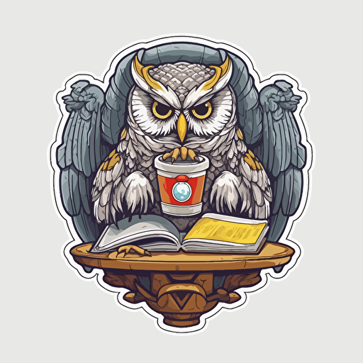 an owl reading a book, vector, illustration for sticker, illustrator, barista style, gray background, high resolution,