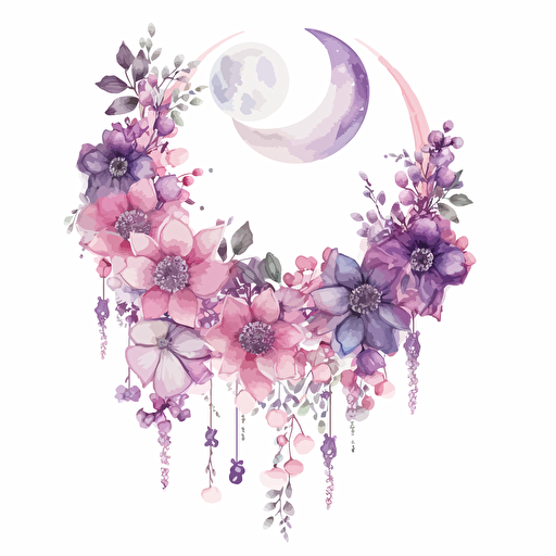 crecent moon with flowers and dangling crystals pinks purples white background vector