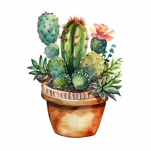 watercolor vector illustration boho cactus in a clay pot sticker white background
