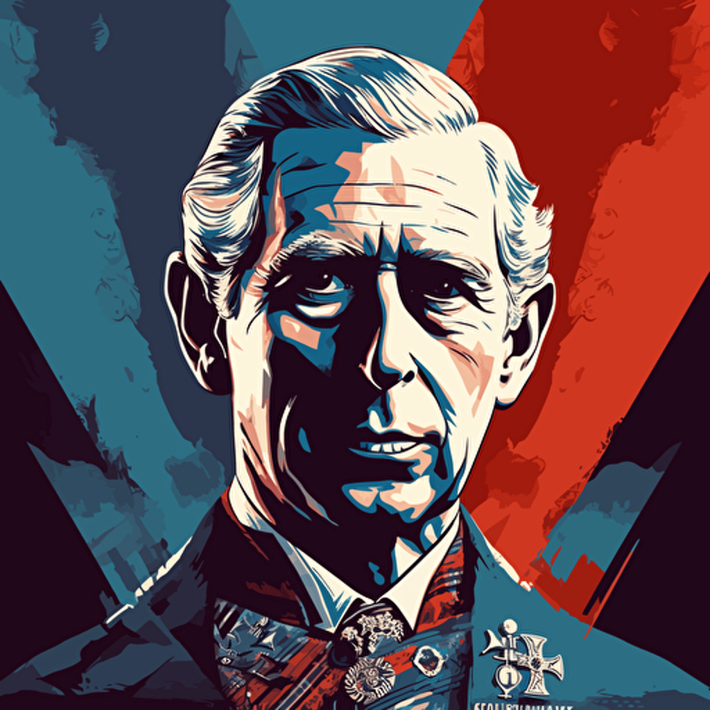 vector illustration of Prince Charles crowned king of England and the British flag in vivid colors