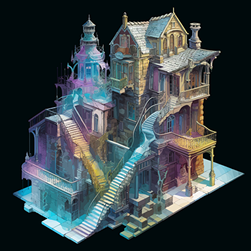 two-story wizard architectural form, cutaway view, many iridescent helical staircases, isometric, vector shapes, magical