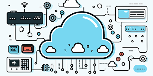 vector minimalistic illustration, very simple, one cloud in the center, one electronic board on bottom left, IoT, all connected, white background, light blue and black components,
