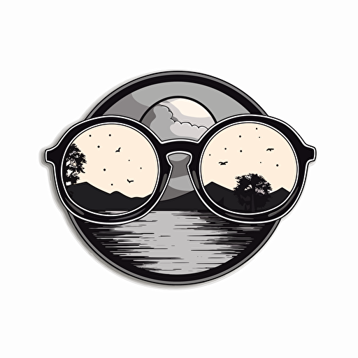 a sticker showing a pair of round sunglasses, without any other details around, and inside the sunglasses a sunset, in minimalistic vector style, black and white with white background