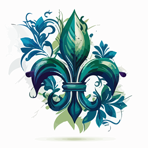Blue and green fleur de lys, trust, reliability, loyalty, growth, harmony, nature, vectorized, illustrator, flat, 2d, white background