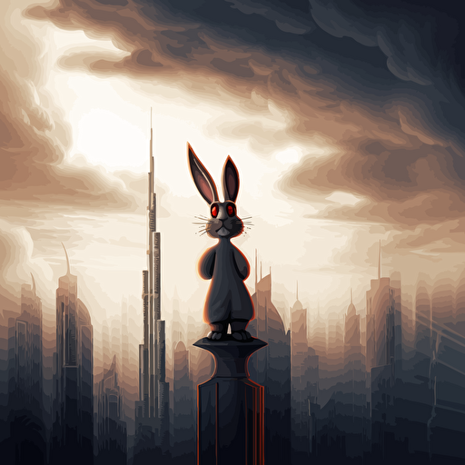 bugs bunny on top of burj khalifa, dark clouds, vector art