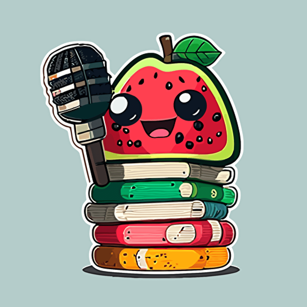 Stickers, vector art, stack of books with a watermelon with eyes in a good mood holding a microphone on top