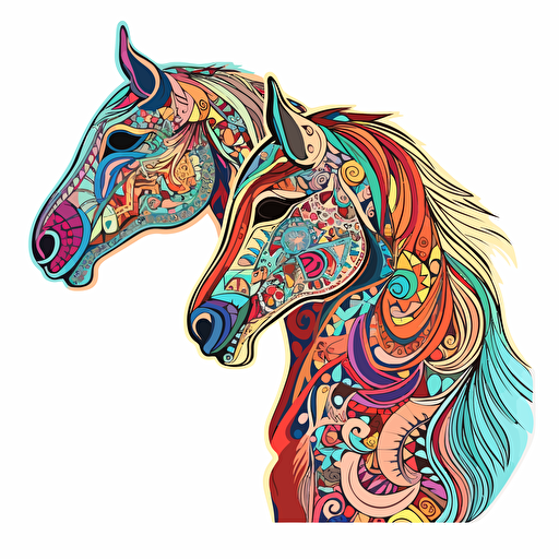 horses, Sticker, Blissful, Bright Colors, Algorithmic art, Contour, Vector, White Background, Detailed