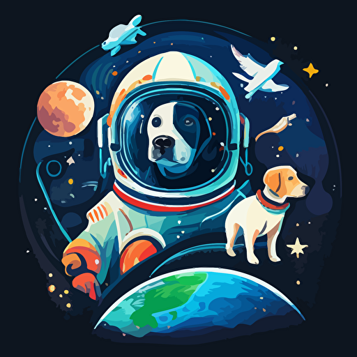 Vector illustration of Labrador in spacesuits, the dog wearing a transparent sphere on his head, a dog in a spacesuit is also floating near spaceship , The background includes stars and spacecraft in space,This design conveys the mysterious and fascinating world of outer space while also incorporating the cuteness of a dog, resulting in a unique and captivating design, no flame