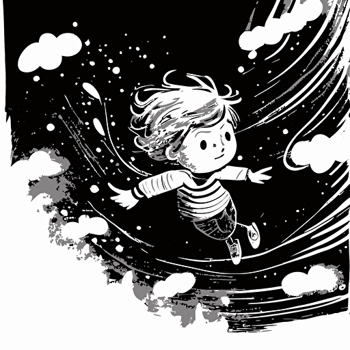 Little boy flying. Black and white vector illustration