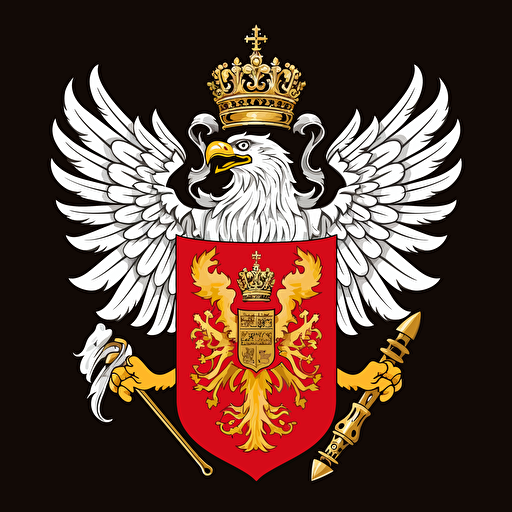 vector symbol of white eagle with golden crown without any additional elements under white tail and on the eagle's body, giant, winning, modern, placed on red shield, similar to coat of arms of Poland, about year 1790