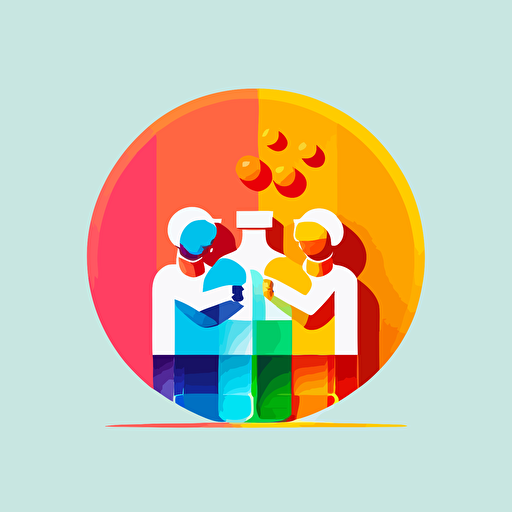 flat vector logo of circle, gradient, laughing lab workers holding vial, simple minimal, by Ivan Chermayeff