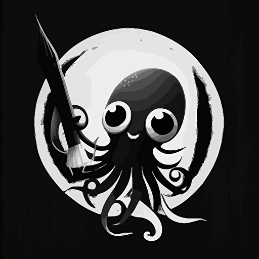black and white, a happy cartoon squid holding a feather quill with its tentacles, circle around the squid and quill, vector art