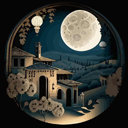 full moon over Tuscan style countryside and the corners of artwork covered fully with chinese lanternview corner covered fully with chinese lanterns formed only by italian renaissance patterns in vector art style