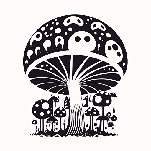 whimsical mushroom in style of Tom Whalen, black and white, flat, vector, line drawling, white background ar 1:1