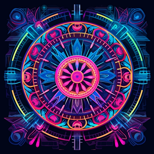 dart board, surrounded by elegant motifs, 2d vector, neon colours, epic composition, vector design on the edges of the image