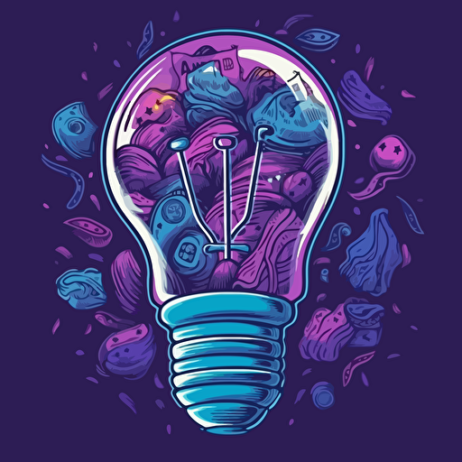 vector art style a light bulb giving off money making ideas, use blues and purples, in the style of Michael Parks, sticker