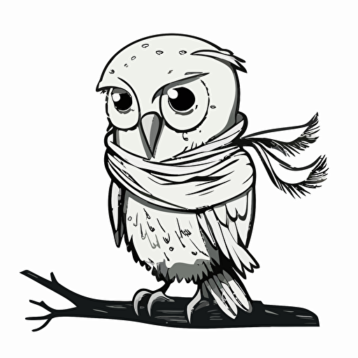 an angry white owl sat on a branch in the center looking at the camera, wearing a scarf, vector cartoon style, simple, basic, no details, black and white