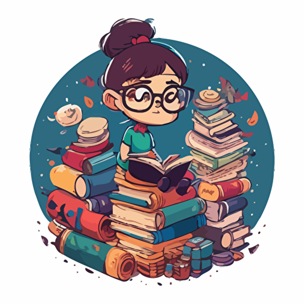 Imagine a Disney-style vector caricature of a nerdy girl sitting against a plain white background. The girl is wearing glasses and surrounded by a pile of books. The artwork is designed in a round circle format, with a whimsical and playful tone to it. 12k v 5