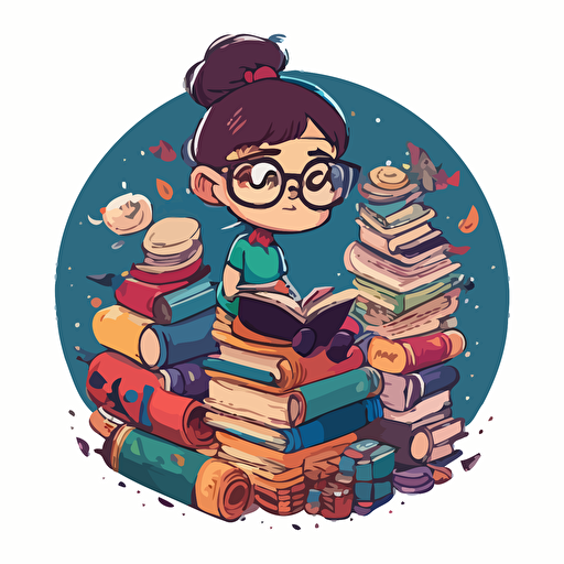 Imagine a Disney-style vector caricature of a nerdy girl sitting against a plain white background. The girl is wearing glasses and surrounded by a pile of books. The artwork is designed in a round circle format, with a whimsical and playful tone to it. 12k v 5