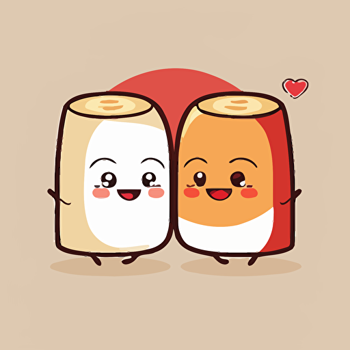 two cute eggrolls smilling red and white. Vector style. 2D. Drawing.