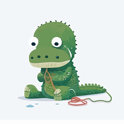 sad baby alligator with a rope around his mouth sitting by the river, white background, flat color vector art