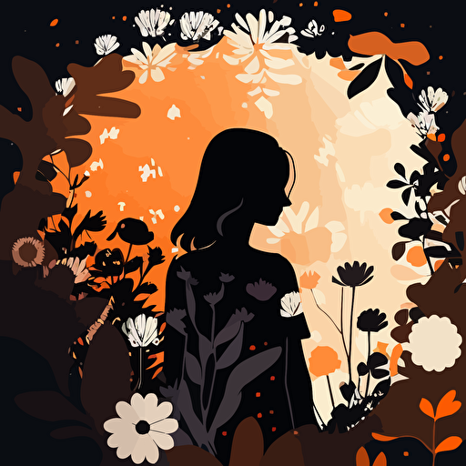 girl, Surrounded by flowers., Tyndall light effect, Absurd, Vector, A clean background, Gradient color, Modern minimalist illustration