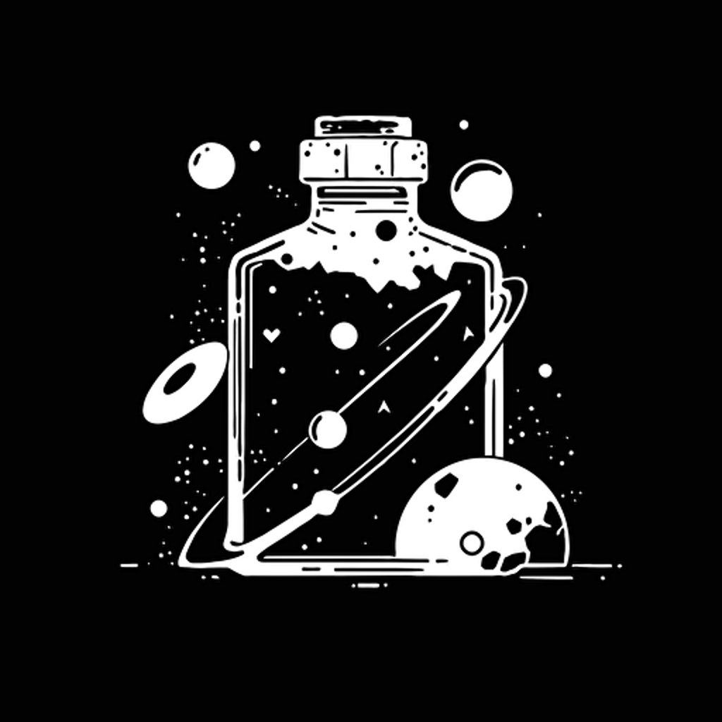 black and white logo, vector design, design, logo, business design, image of a spilled bottle of ink that looks like space and the ink turns into planets and stars, vector